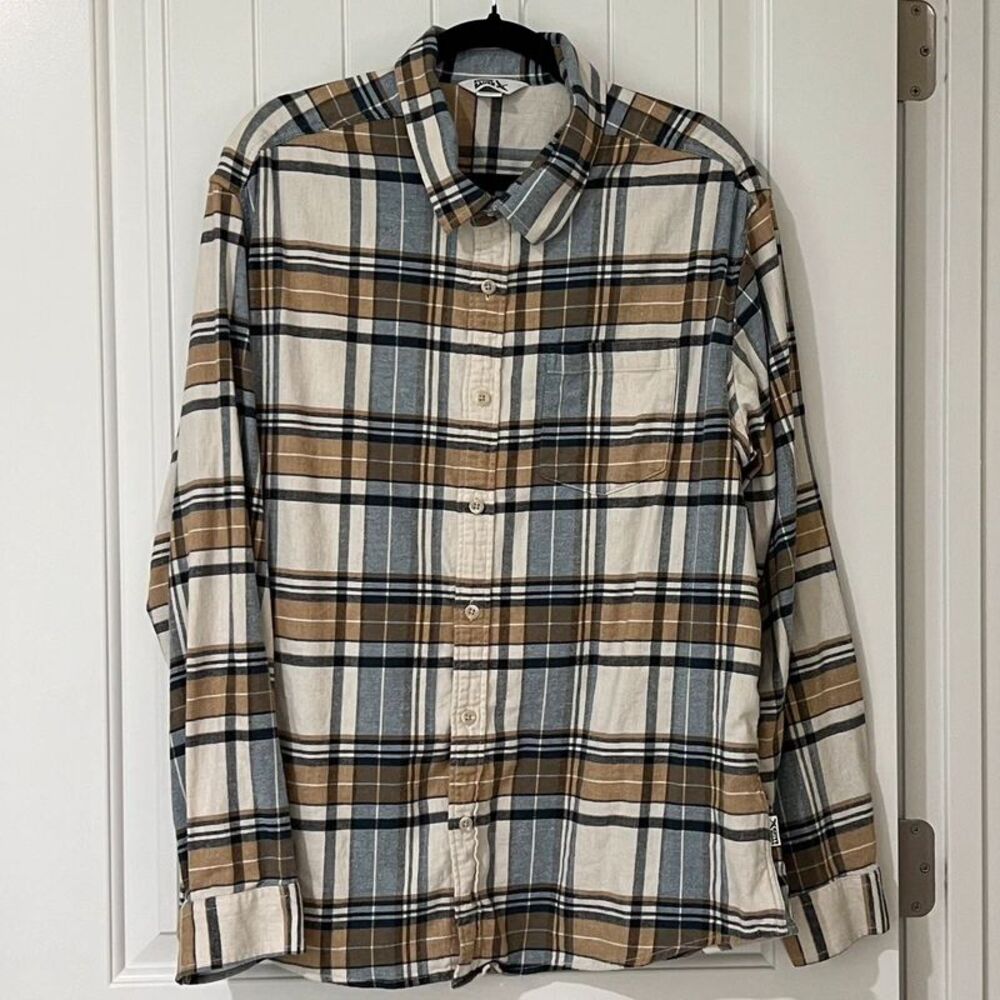 Eddie Bauer Men’s 2XL Plaid Flannel Shirt White Blue Brown Stretch Button Down